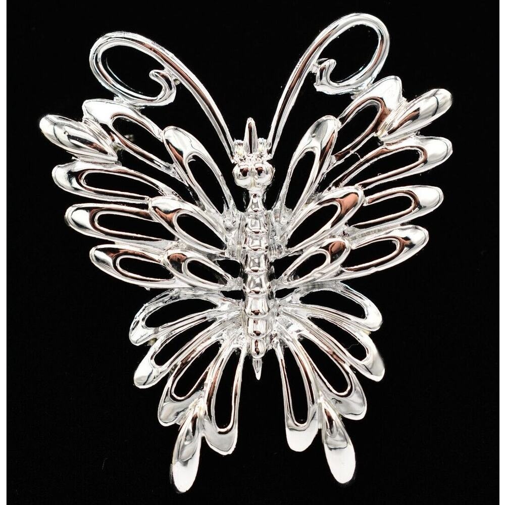 Vintage Butterfly Pin Brooch Silver Tone Shiny Metallic Elegant NOS 1980s BinA5